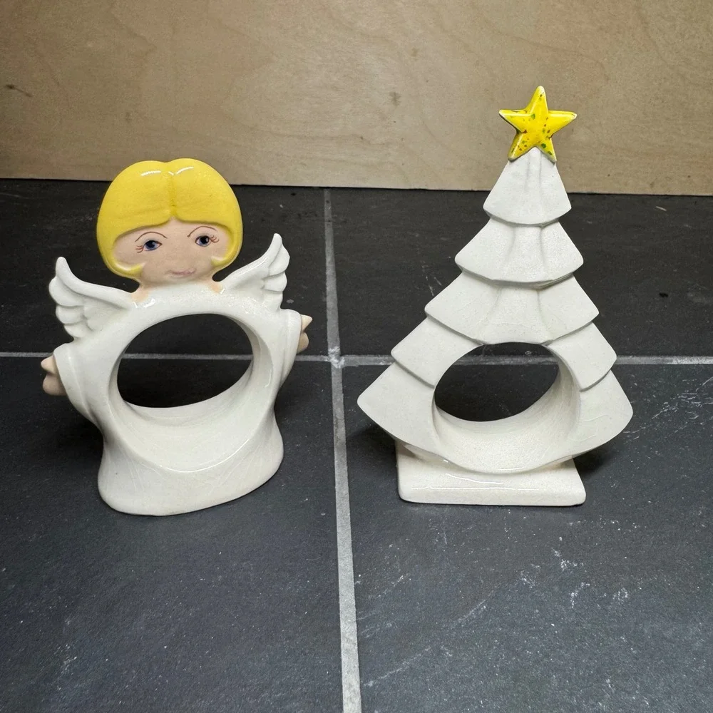 Vintage Ceramic Christmas Napkin Rings Angel and Christmas Tree White Yellow Set